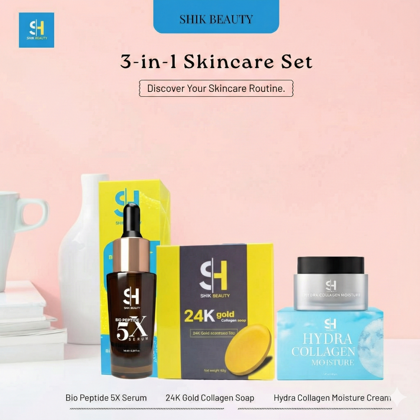 SHIK BEAUTY 3-in-1 Daily Glow Set – Soap + Peptide Serum + Moisture Cream