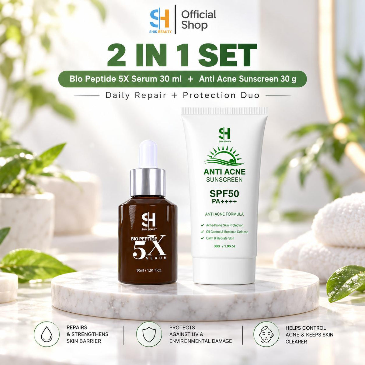 SHIK BEAUTY 2-in-1 Daily Skincare Set | Bio Peptide 5X Serum 30ml + Anti-Acne Sunscreen SPF50 PA++++ 30g
