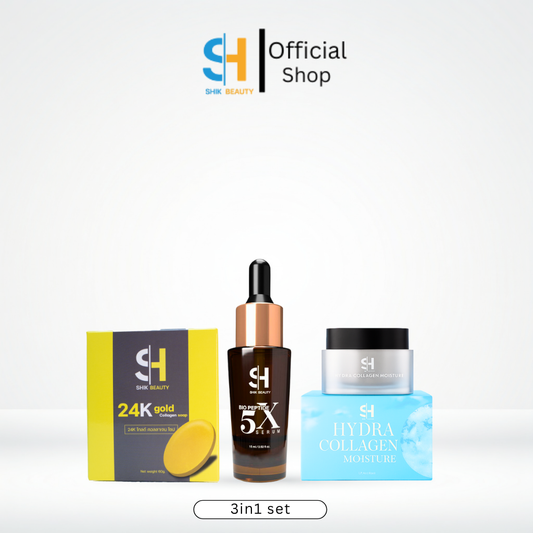 SHIK BEAUTY 3-in-1 Skincare Set – Bio Peptide 5X Serum + 24K Gold Collagen Soap + Hydra Collagen Moisture Cream