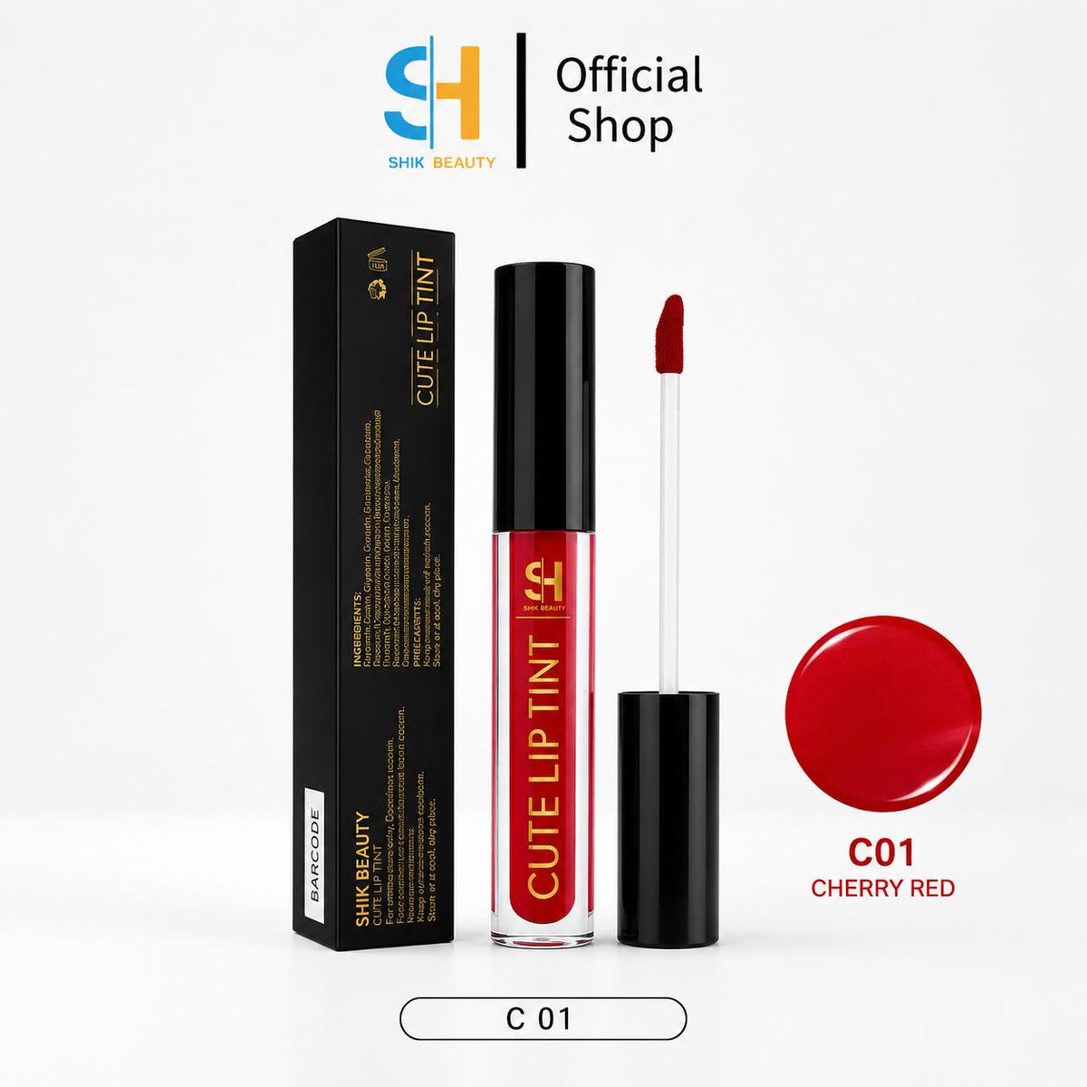 Cute Lip Tint – C01 Cherry Red & C02 Berry Pink | Glossy, Lightweight, Long-Lasting Color