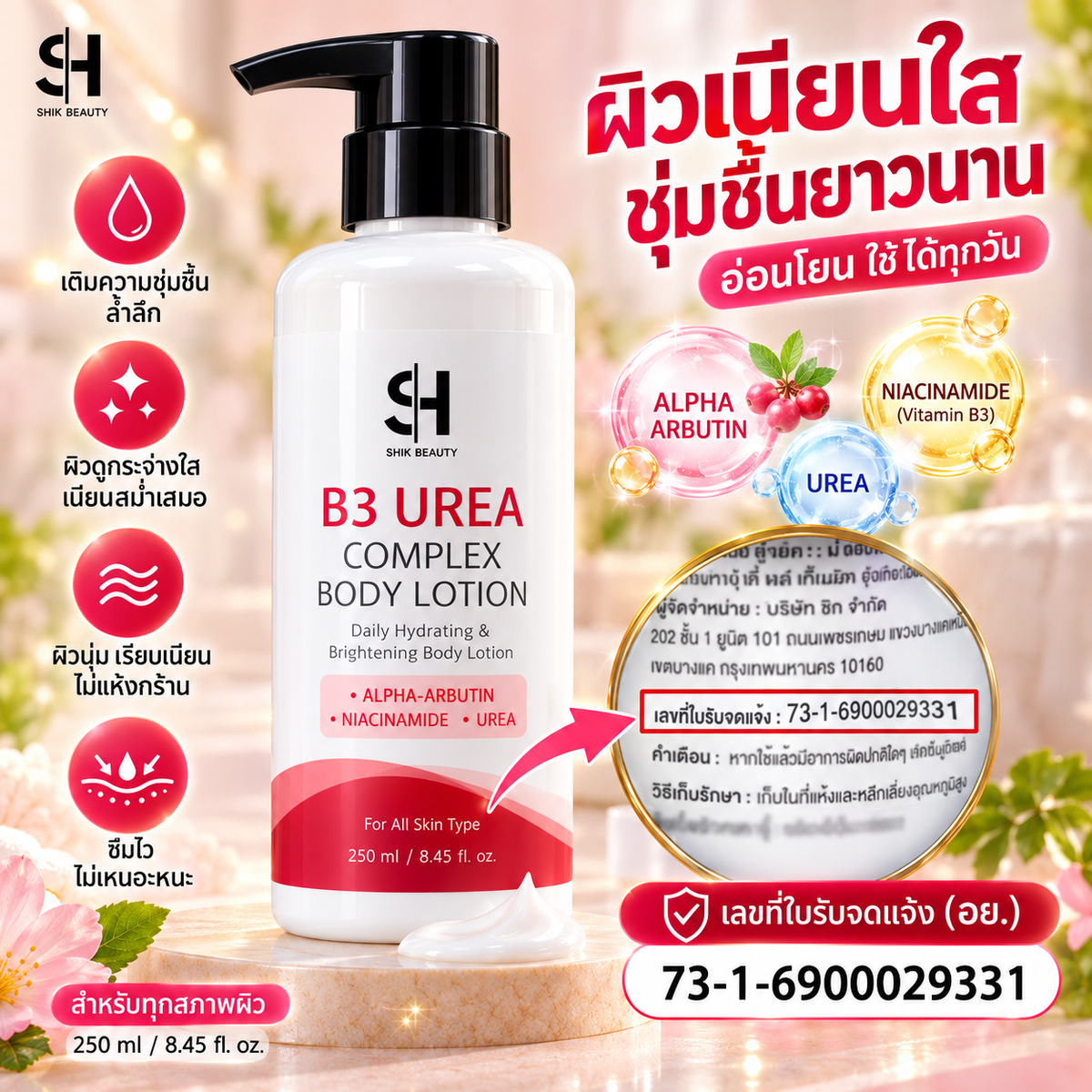 SHIK BEAUTY B3 Urea Complex Body Lotion 250ml | Niacinamide 5% + Urea 5% + Alpha-Arbutin | Brightening, Deep Hydration & Smooth Skin