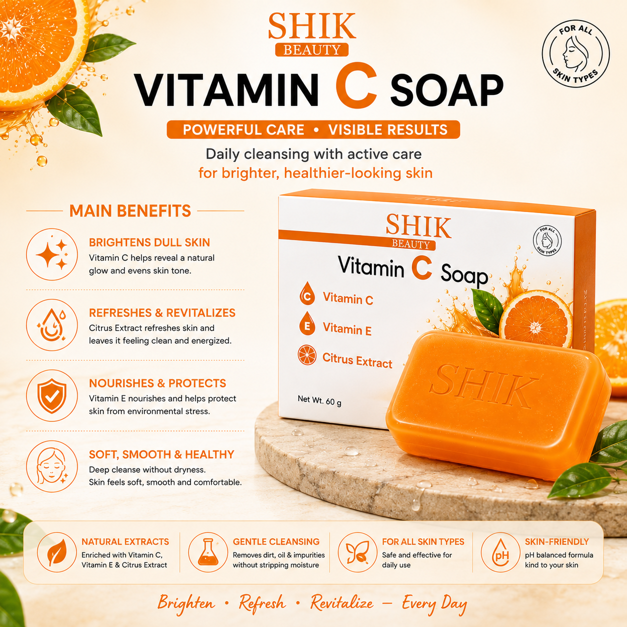 SHIK BEAUTY Vitamin C Soap (60g) — Brighten, Refresh, Revitalize Every Day
