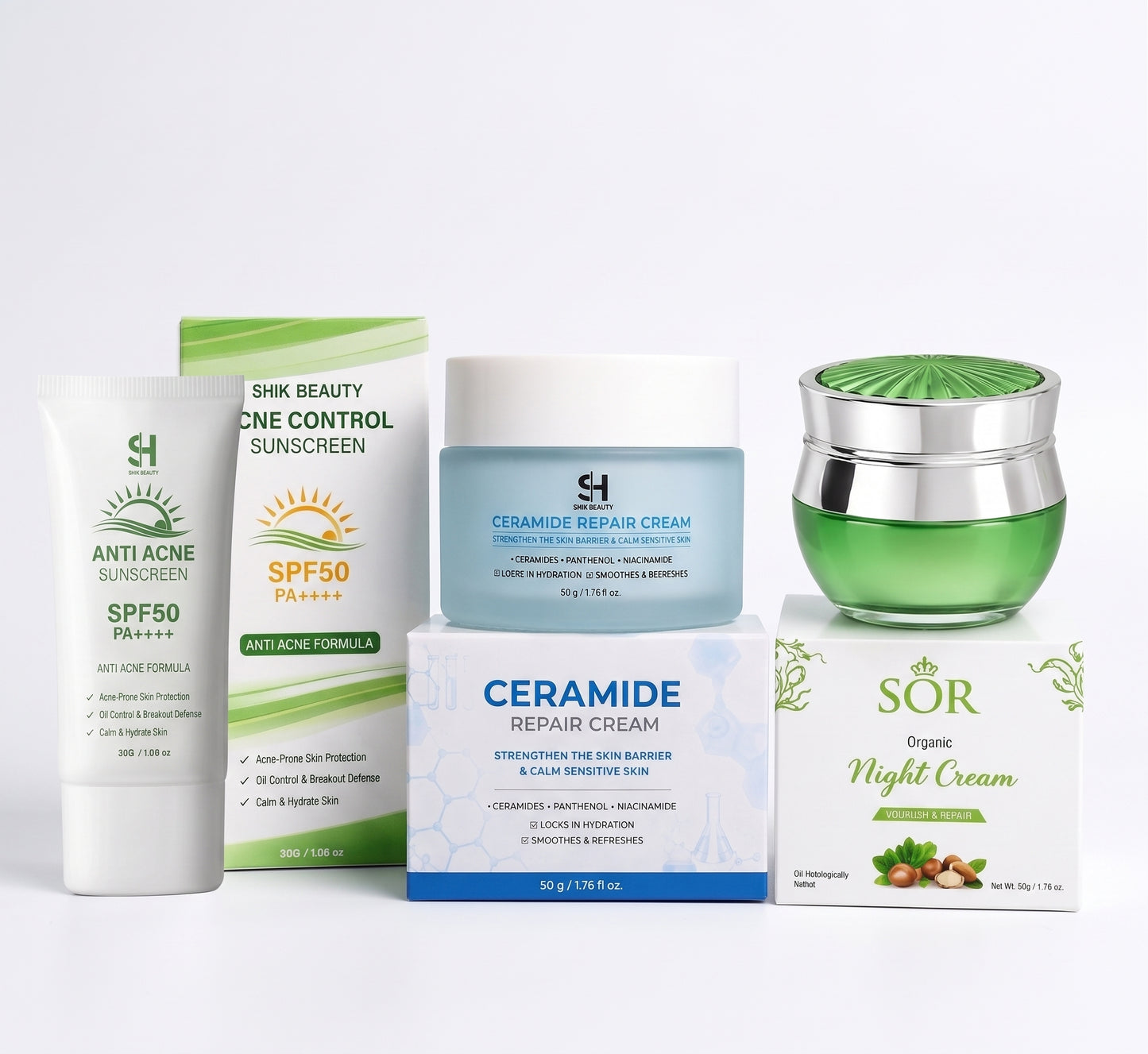 SHIK BEAUTY 3-Piece Skincare Set | SPF50 PA++++ Sunscreen + Ceramide Cream + SOR Night Cream