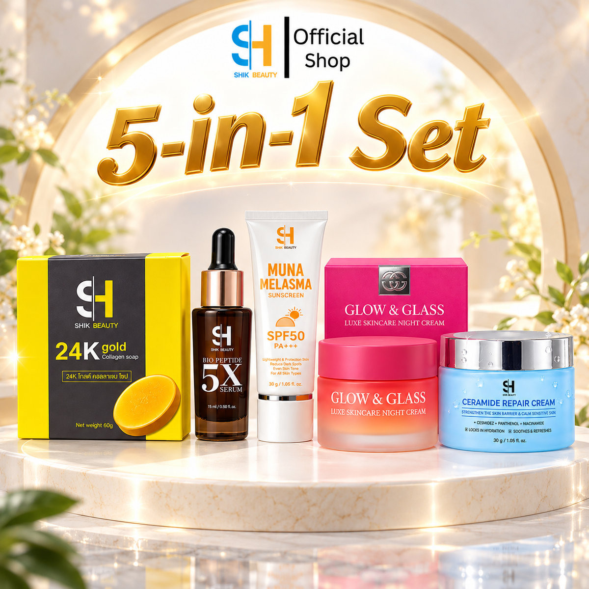 SHIK BEAUTY G&G 5-in-1 Skincare Set – Brightening, Hydration, Skin Repair & SPF50 Sun Protection