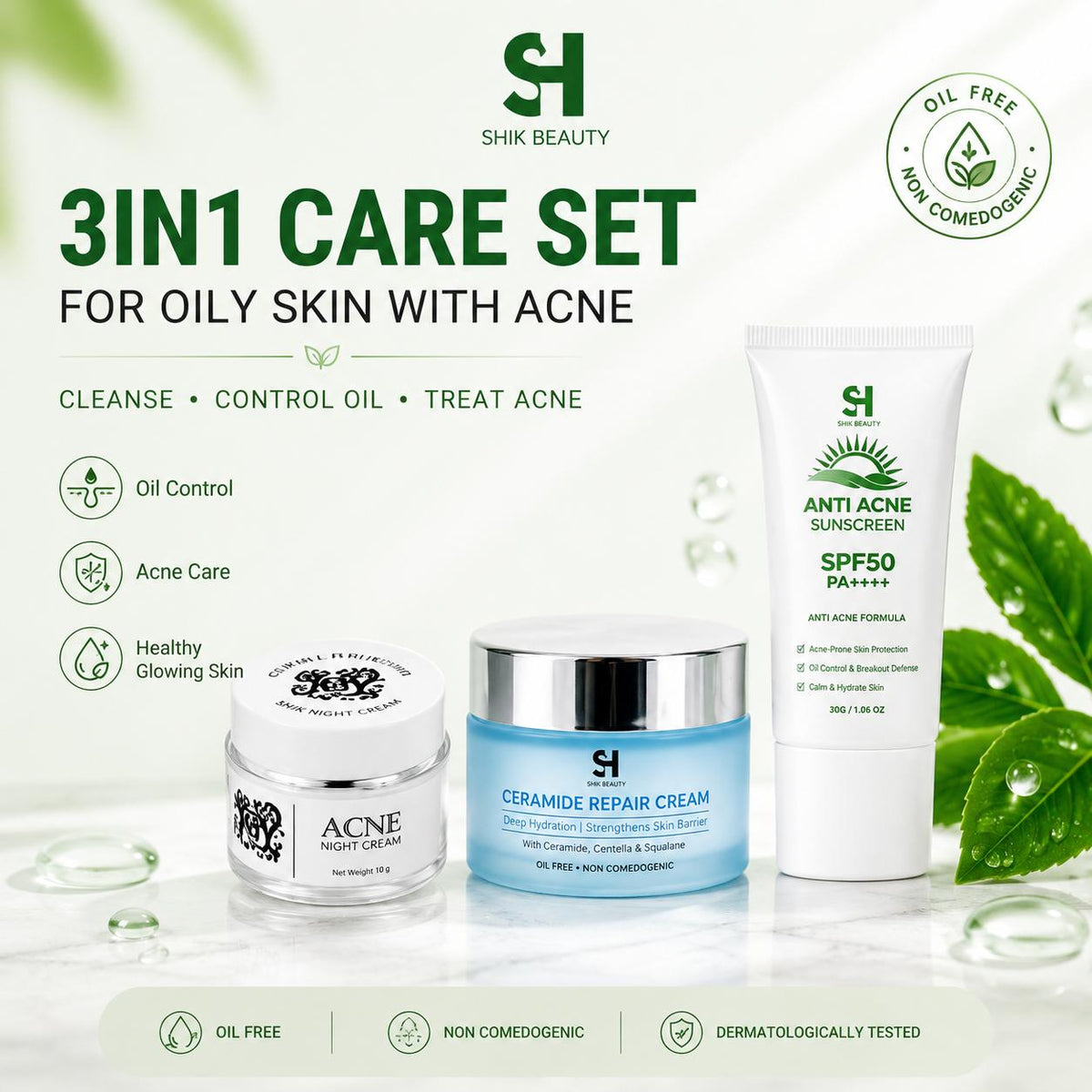 SHIK BEAUTY 3 In 1 Acne Care Set for Oily Skin – Anti Acne Sunscreen SPF50 PA++++, Ceramide Repair Cream & Acne Night Cream | Oil Control & Skin Barrier Care
